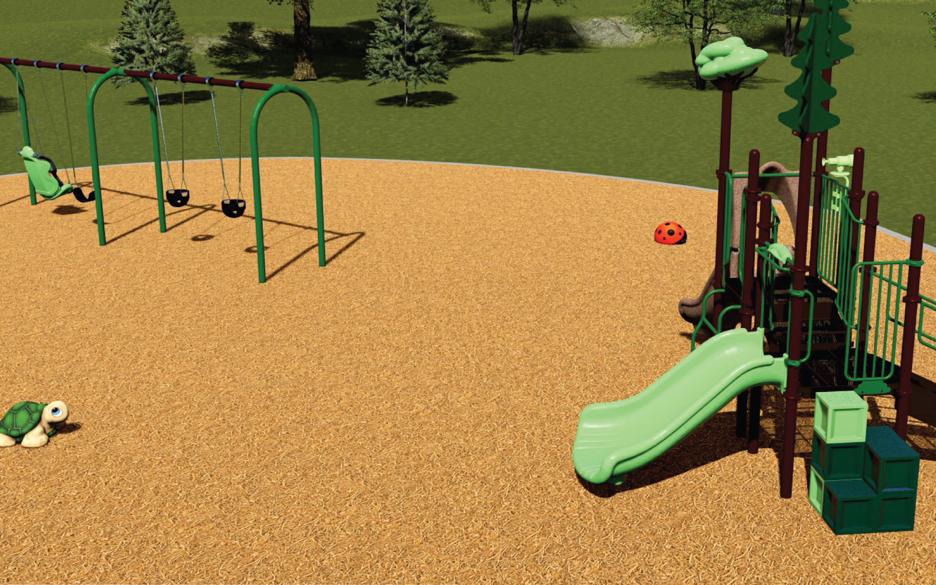 Rendering of side view of swings and slide.
