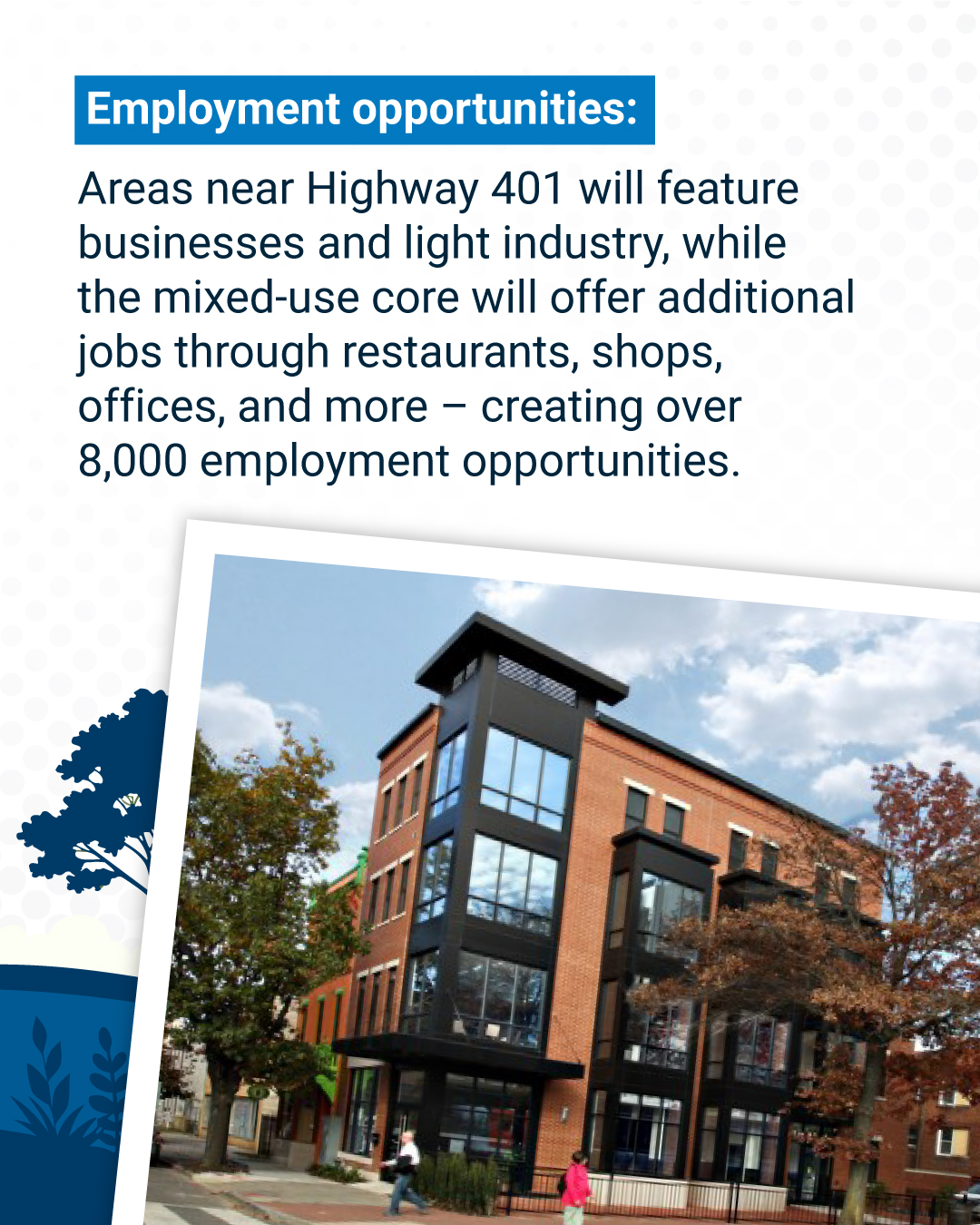Employment opportunities:  Areas near Highway 401 will feature businesses and light industry, while the mixed-use core will offer additional jobs through restaurants, shops, offices, and more – creating over 8,000 employment opportunities.