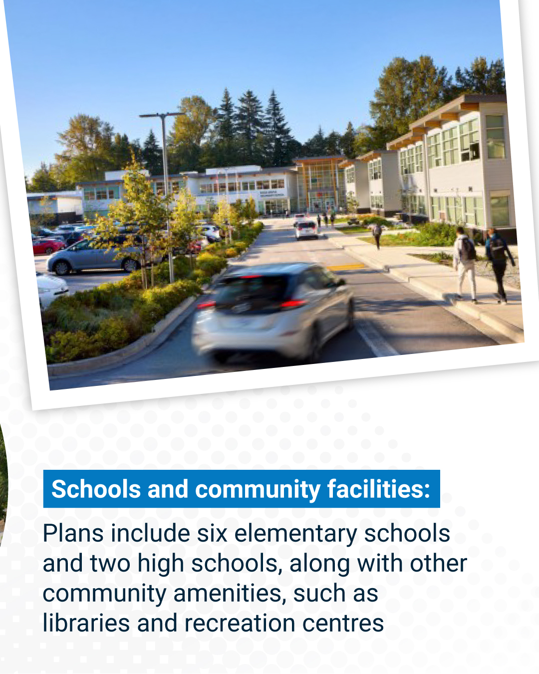 Schools and community facilities:  Plans include six elementary schools and two high schools, along with other community amenities, such as libraries and recreation centres