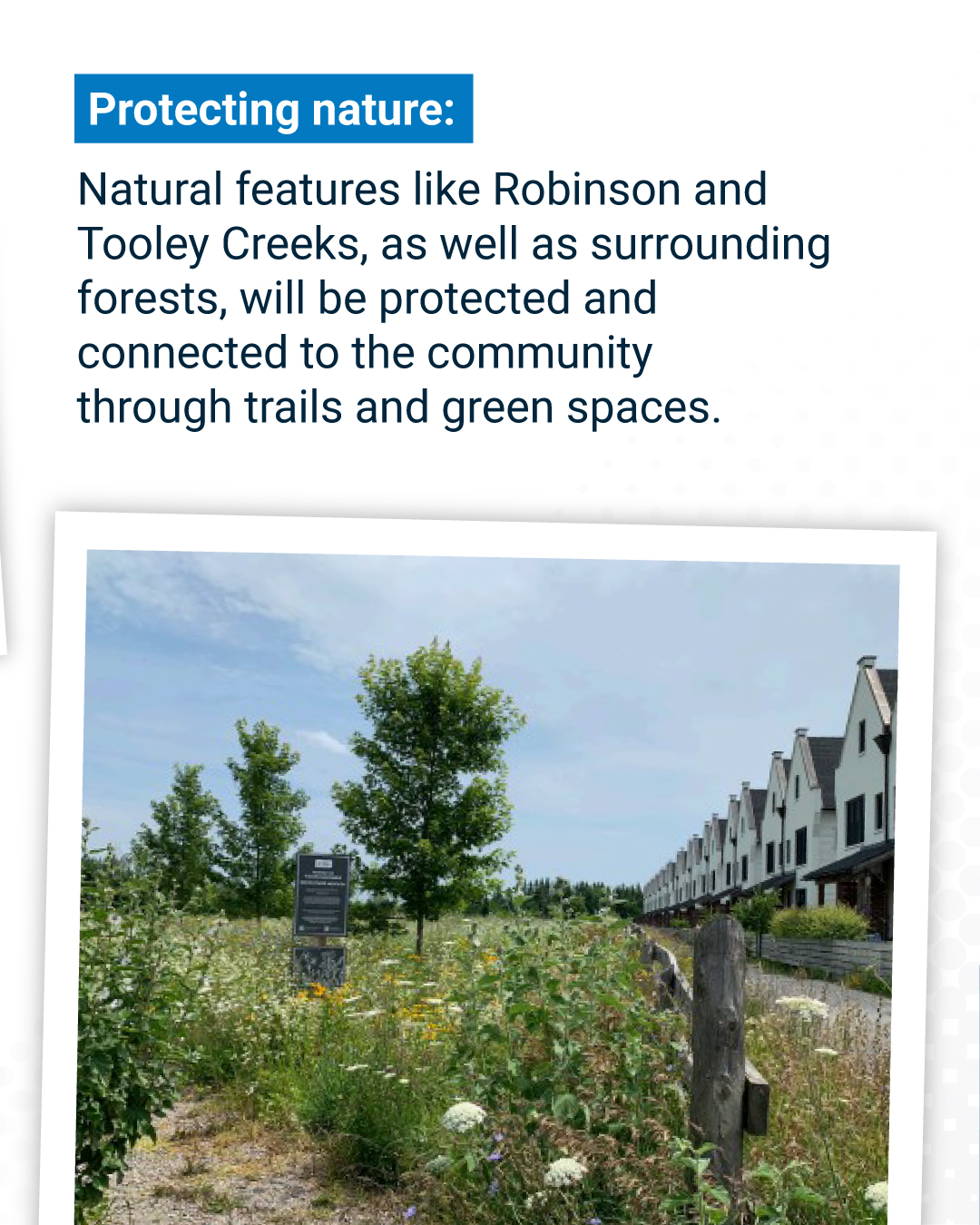 Protecting nature:  Natural features like Robinson and Tooley Creeks, as well as surrounding forests, will be protected and connected to the community through trails and green spaces.