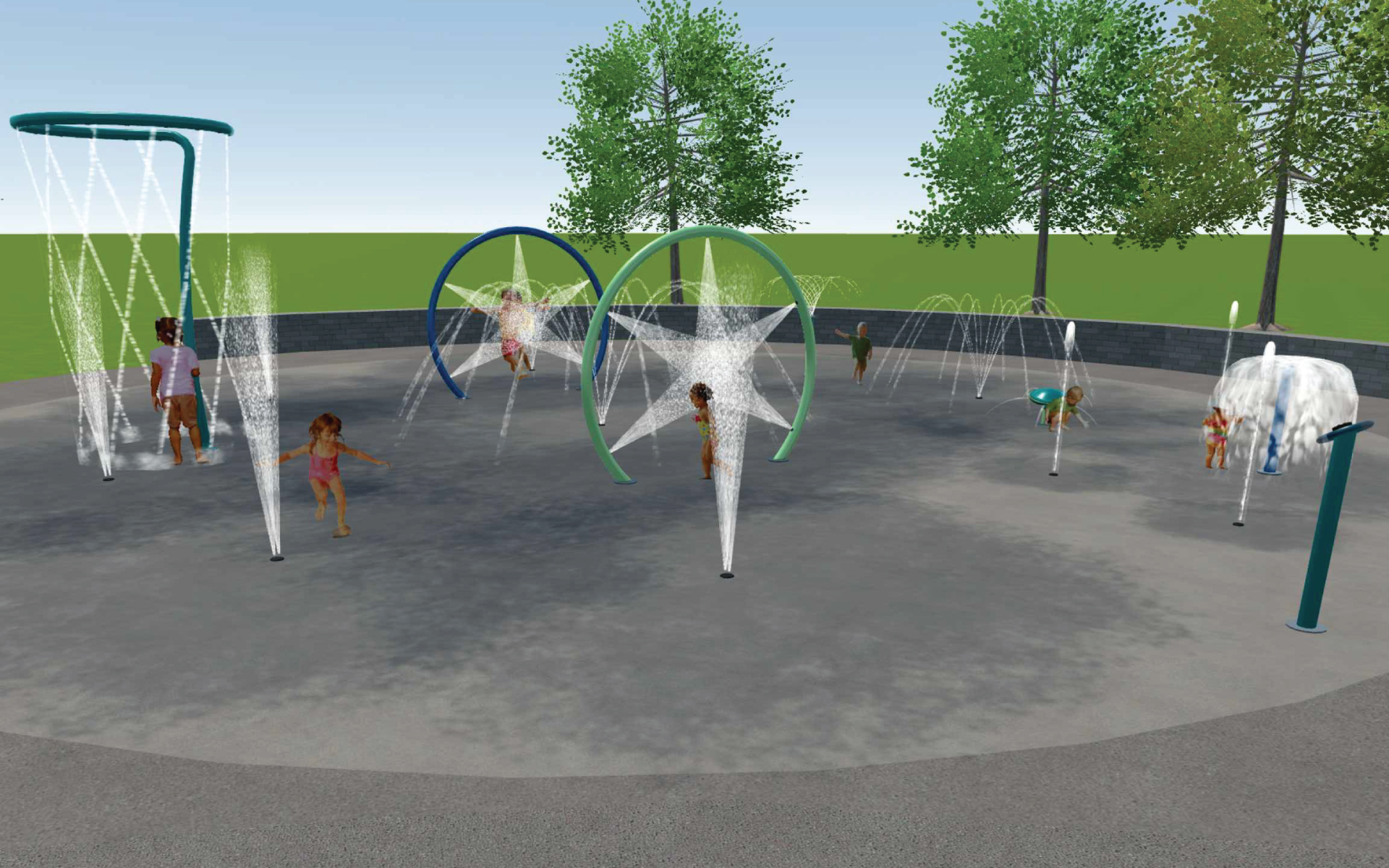 Splash pad rendering featuring blue and green elements.
