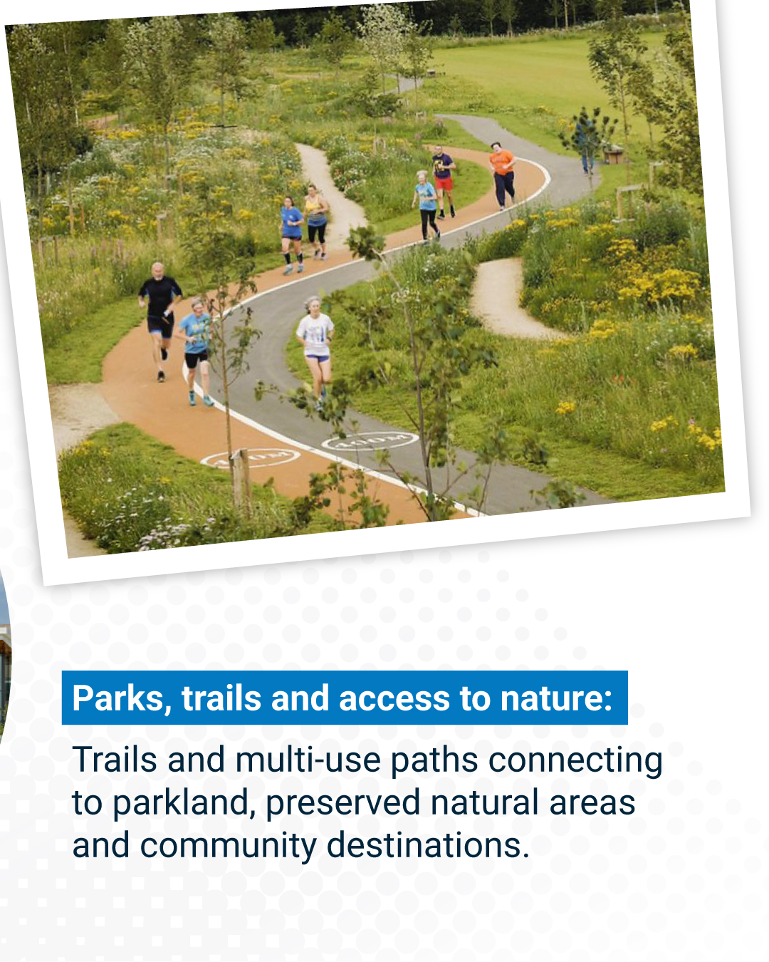Parks, trails and access to  nature  Trails and multi-use paths connecting to parkland, preserved natural areas and community destinations.  